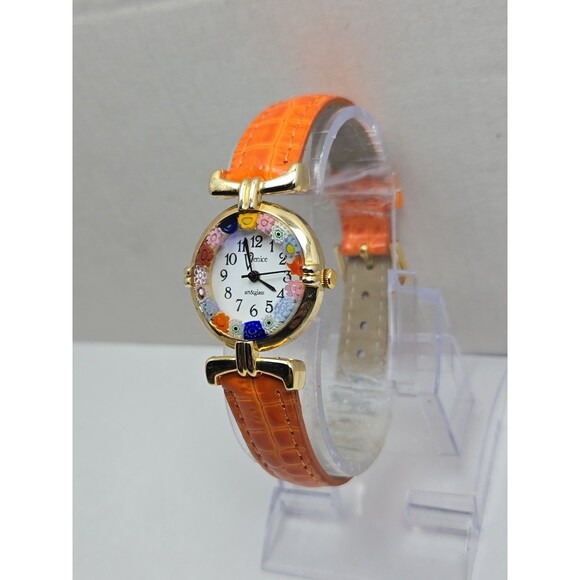 Venice Art Glass Murano Millefiori Gold Tone Orange Round Wristwatch New Battery main image 4
